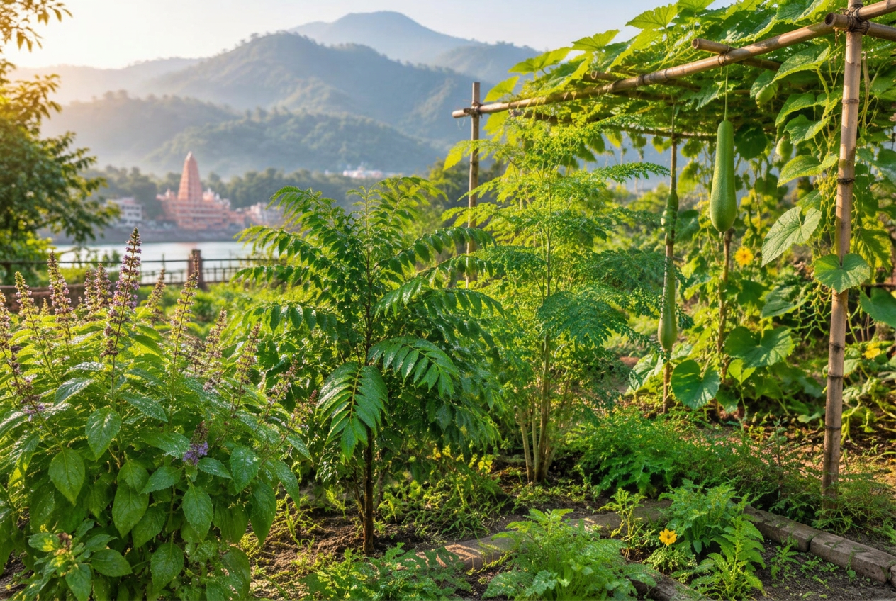 A kitchen garden with tulsi, curry leaf, moringa and gourd vines on a bamboo trellis, the Shivalik foothills behind