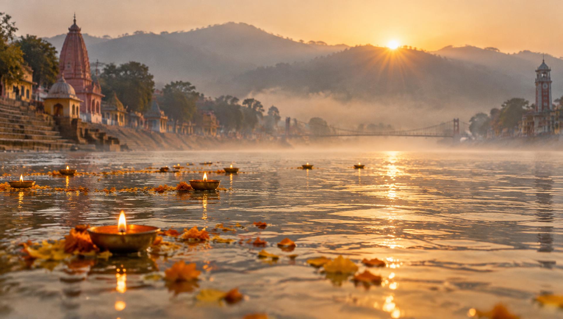 The Ganga at dawn near Haridwar, mist on the water and brass lamps floating among marigold petals