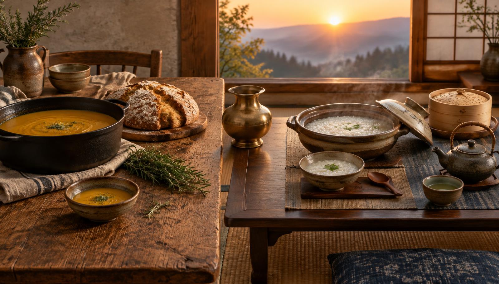 A European table and a Japanese table meeting at dawn, with a brass lota between them